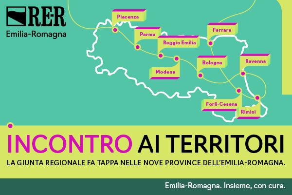 Cartina dell'Emilia-Romagna con evidenziate le 9 tappe dell'iniziva