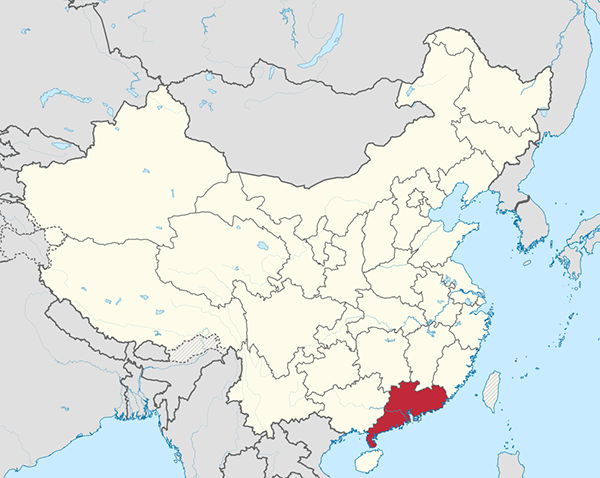 Mappa con la posizione della provincia del Guandong all'interno della Repubblica popolare Cinese. Fonte: WikiMedia Commons