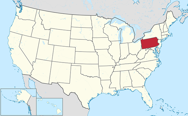 Posizione della Pennsylvia nella mappa degli Stati Uniti. Fonte: WikiMedia Commons