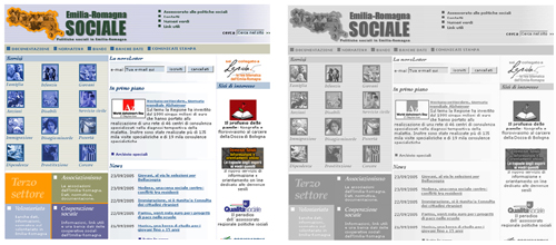 Confronto del sito Emilia-Romagna sociale a colori e in toni di grigio