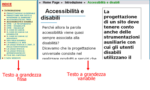 Pagina web in cui sono presenti sia caratteri a grandezza fissa che variabile.