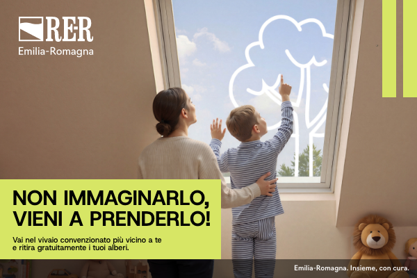 Banner della campagna: Non immaginarlo, vieni a prenderlo! Vai nel vivaio convenzionato più vicino a te e ritira gratuitamente i tuoi alberi